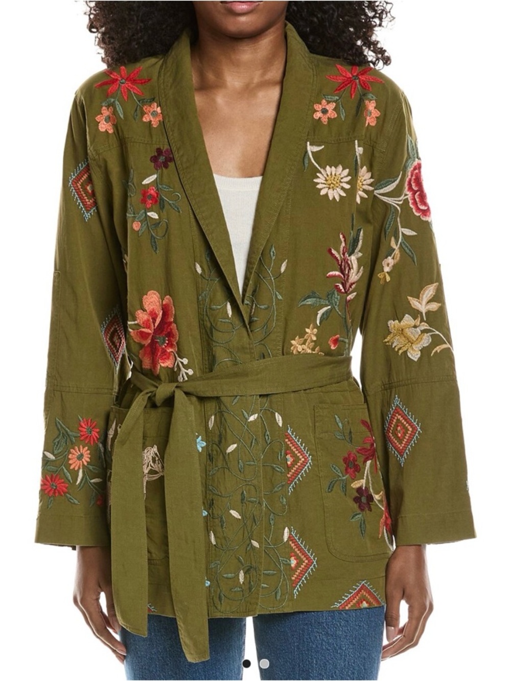 Johnny Was Helena Belted Military Jacket Embroidery Thin Lightweight Small $398